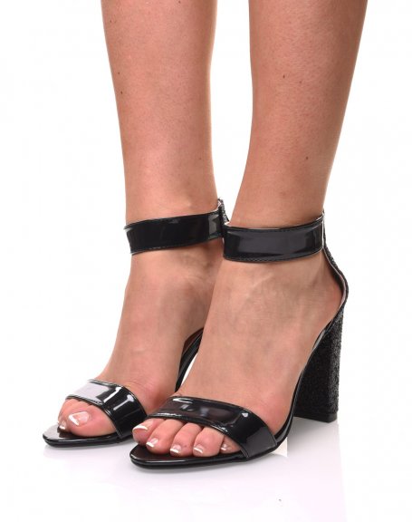 Black glitter heeled sandals