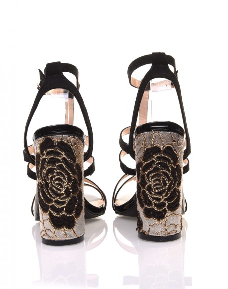 Black glitter sandals with embroidered heel