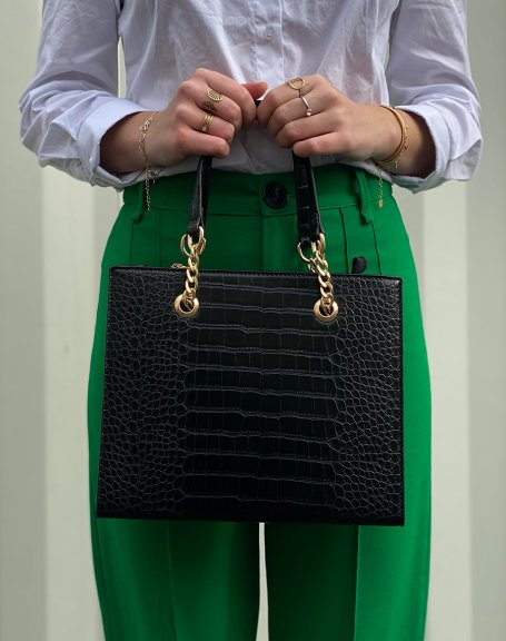 Black handbag with gold croc-effect detail