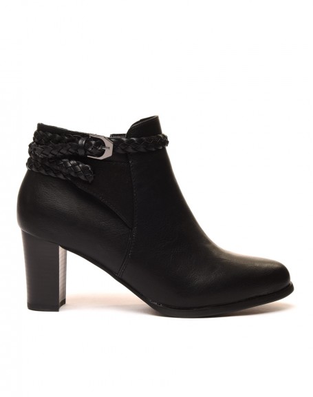 Black heeled ankle boots with braided straps