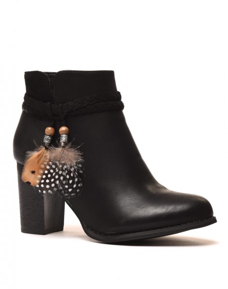 Black heeled ankle boots with feathers
