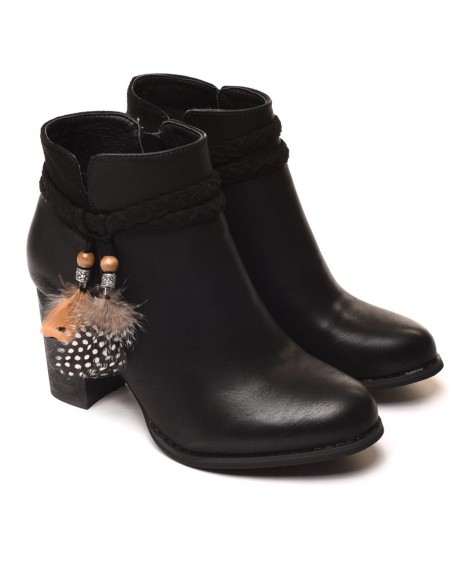 Black heeled ankle boots with feathers