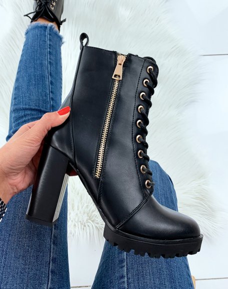 Black heeled ankle boots with gold details