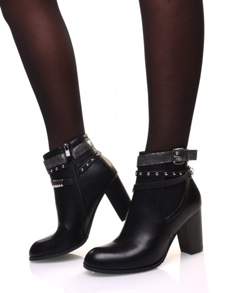 Black heeled ankle boots with multiple straps