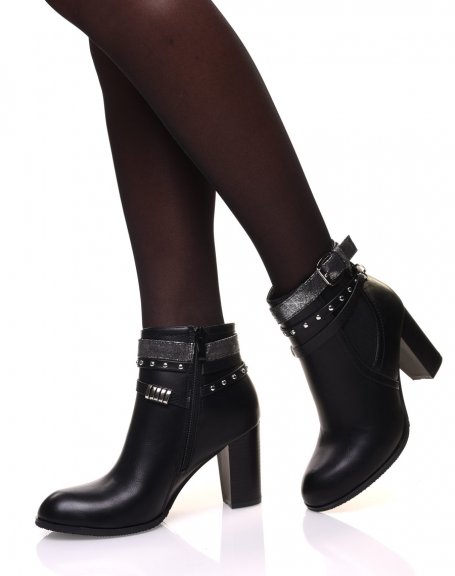 Black heeled ankle boots with multiple straps
