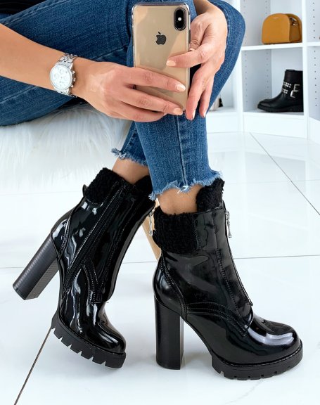 Black heeled ankle boots with patent lining