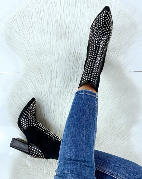 Black heeled ankle boots with studs