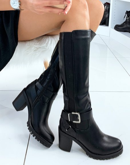 Black heeled boots with lug sole