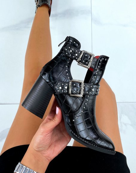 Black heeled croc-effect square-toe ankle boots