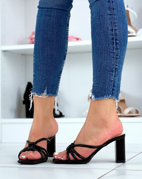 Black heeled mules with criss-cross straps