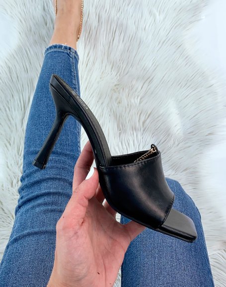 Black heeled mules with gold chain