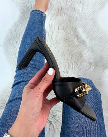 Black heeled mules with gold chain