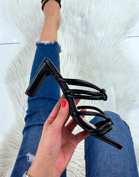 Black heeled mules with multiple tied straps