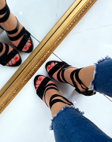 Black heeled sandals with elastic straps and python effect