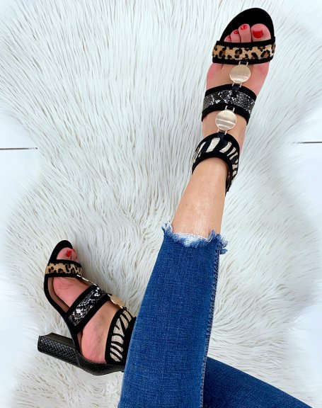 Black heeled sandals with multiple animal patterns