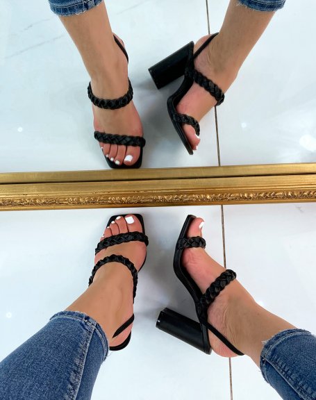Black heeled sandals with multiple braided straps