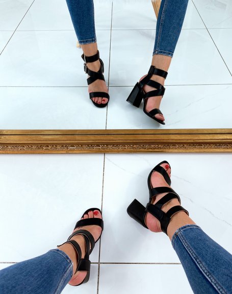 Black heeled sandals with multiple straps