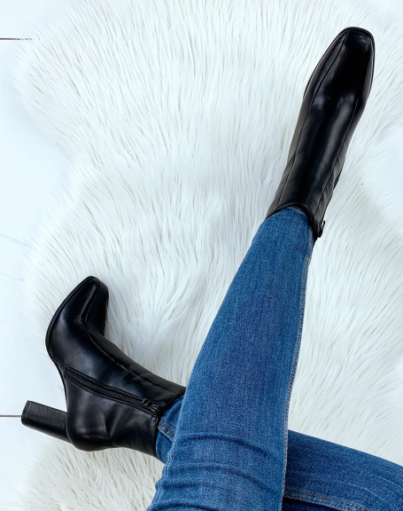 Black heeled square toe ankle boots