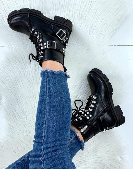 Black high ankle boots adorned with rhinestones