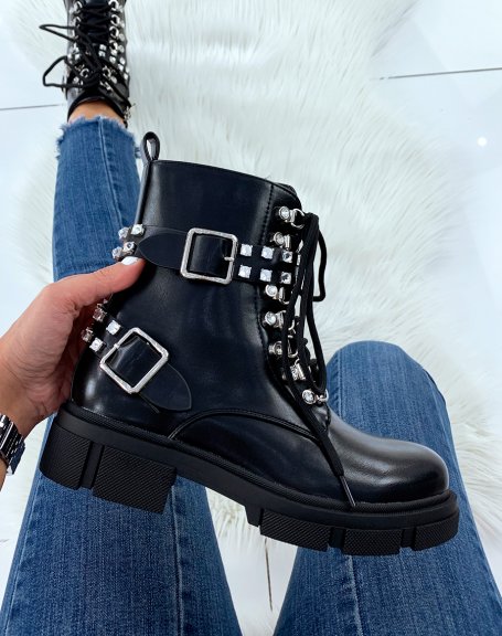 Black high ankle boots adorned with rhinestones