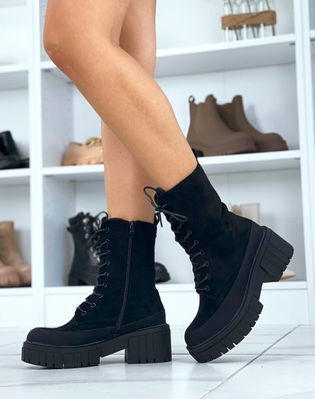 Black high ankle boots in suede with lace and chunky sole