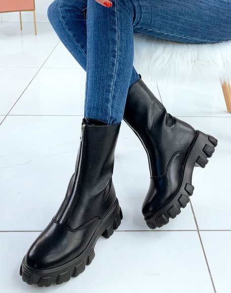 Black high ankle boots with chunky notched sole
