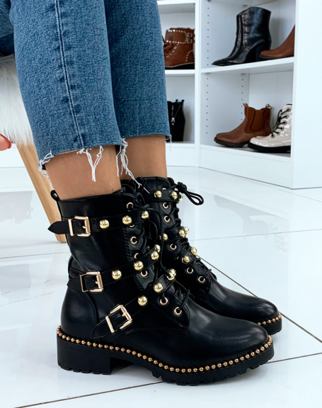 Black high ankle boots with gold details