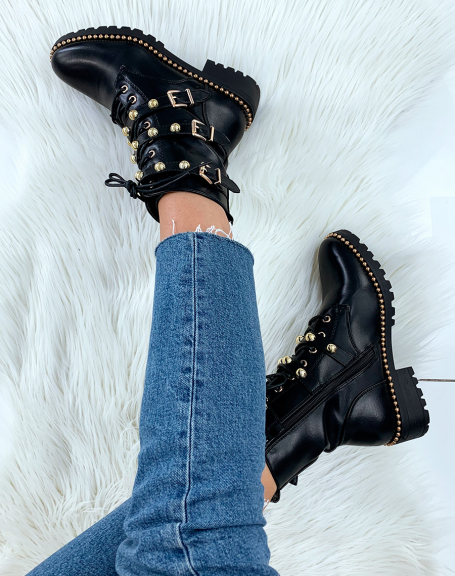 Black high ankle boots with gold details
