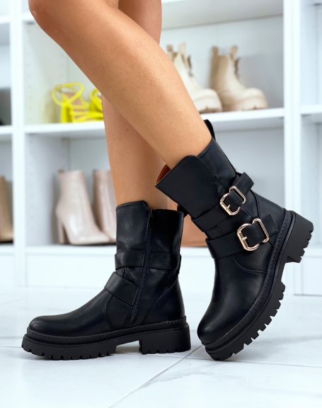 Black high ankle boots with golden buckles