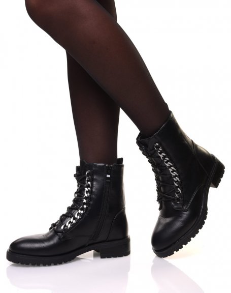 Black high ankle boots with lace and chain details