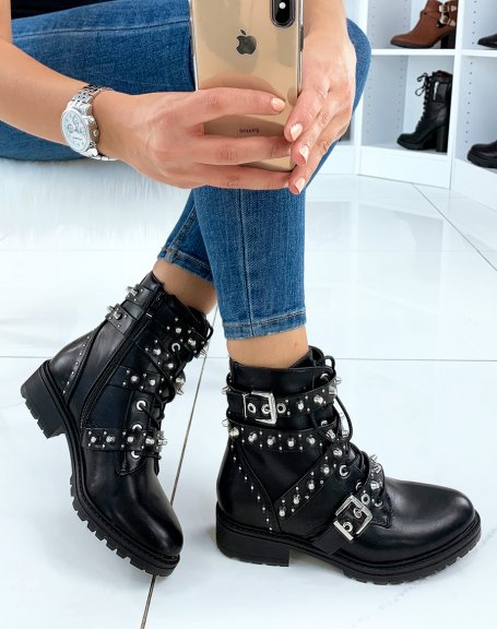Black high ankle boots with laces and multiple straps