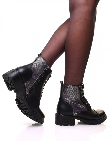 Black high ankle boots with laces and silver croc effect