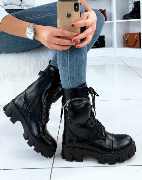 Black high ankle boots with laces and small pouch