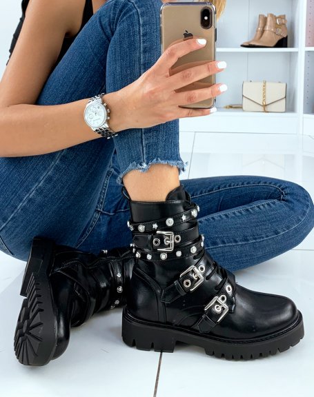 Black high ankle boots with multiple straps