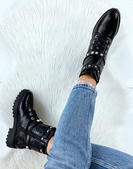 Black high ankle boots with multiple straps
