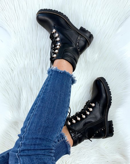 Black high ankle boots with pearls