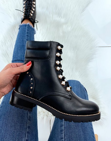 Black high ankle boots with pearls