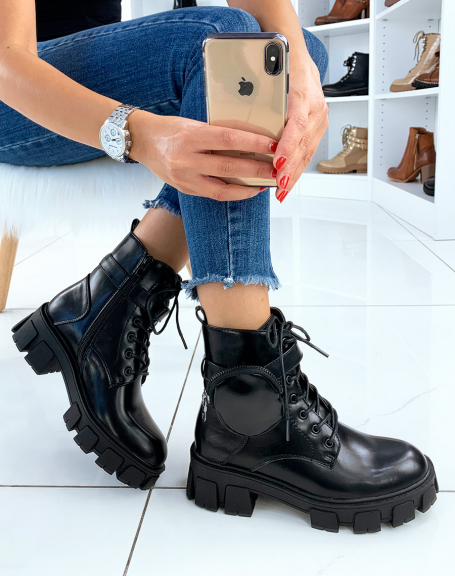 Black high ankle boots with pocket strap