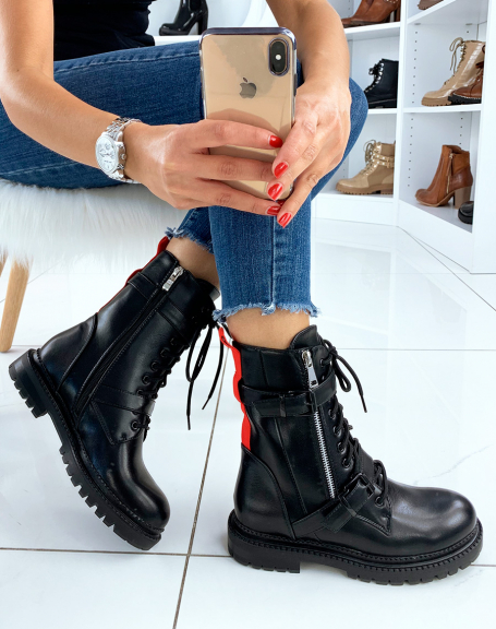 Black high ankle boots with red detail