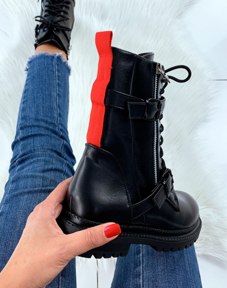 Black high ankle boots with red detail