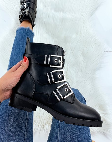 Black high ankle boots with silver buckles