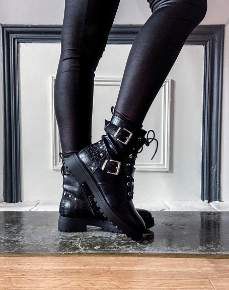Black high ankle boots with straps and studded croc-effect details