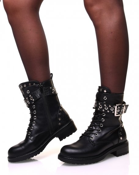 Black high ankle boots with straps and studded details