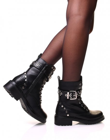 Black high ankle boots with straps and studded details