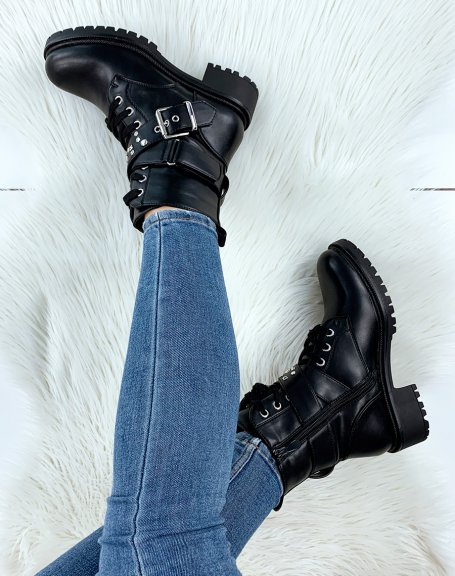 Black high ankle boots with studded straps