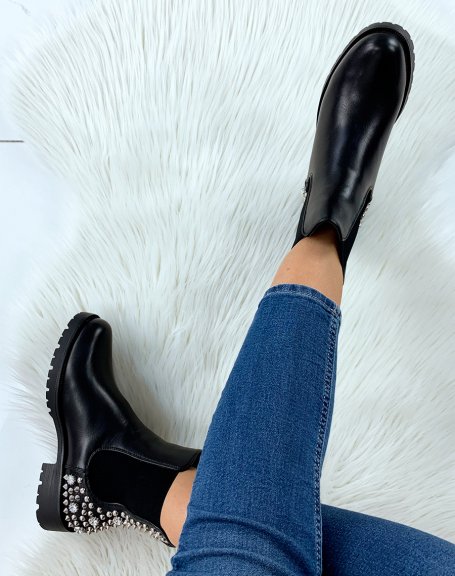 Black high ankle boots with studs and rhinestones