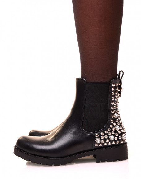 Black high ankle boots with studs and rhinestones