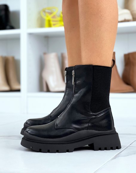Black high ankle boots with zip and elastic