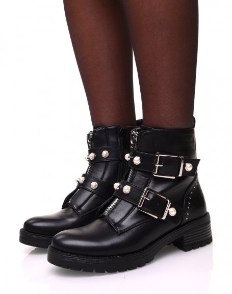 Black high ankle boots with zipper and beaded straps