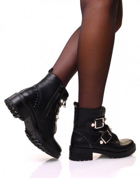 Black high ankle boots with zipper and beaded straps